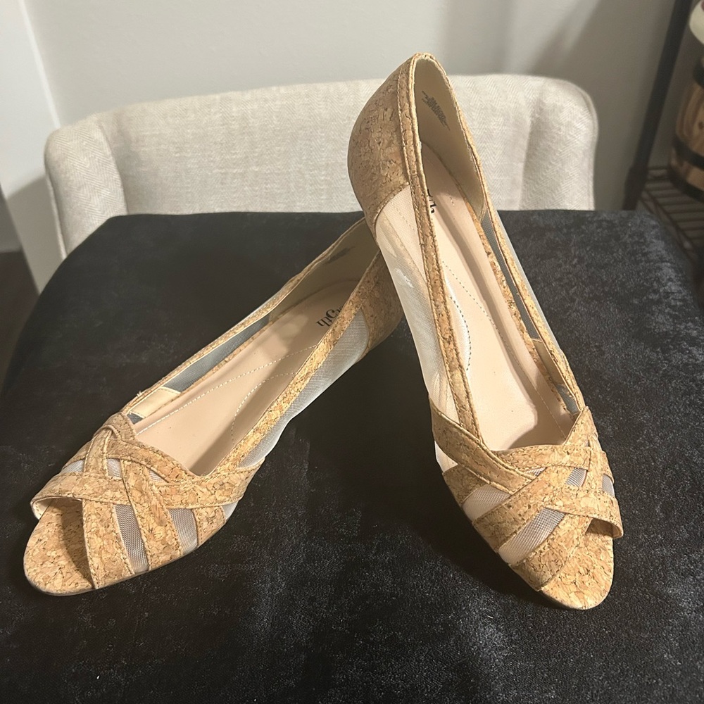 East 5th Tan Cork Peep-Toe Slight Wedge with Mesh Insets